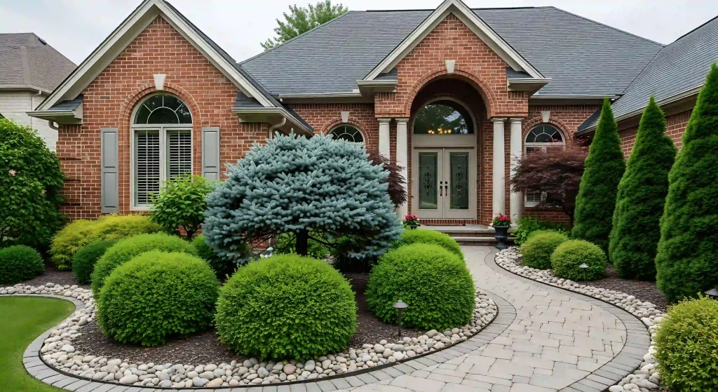 luxury brick home exterior with landscaping and curving pathway photo